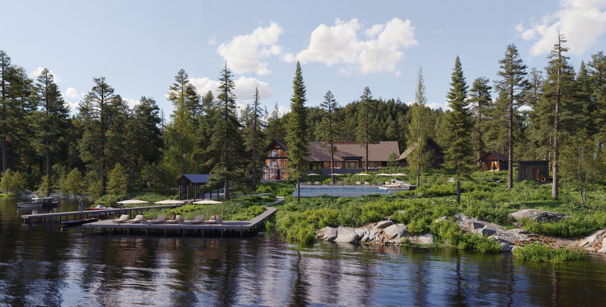 Scenic view of a lake with dock and forested area