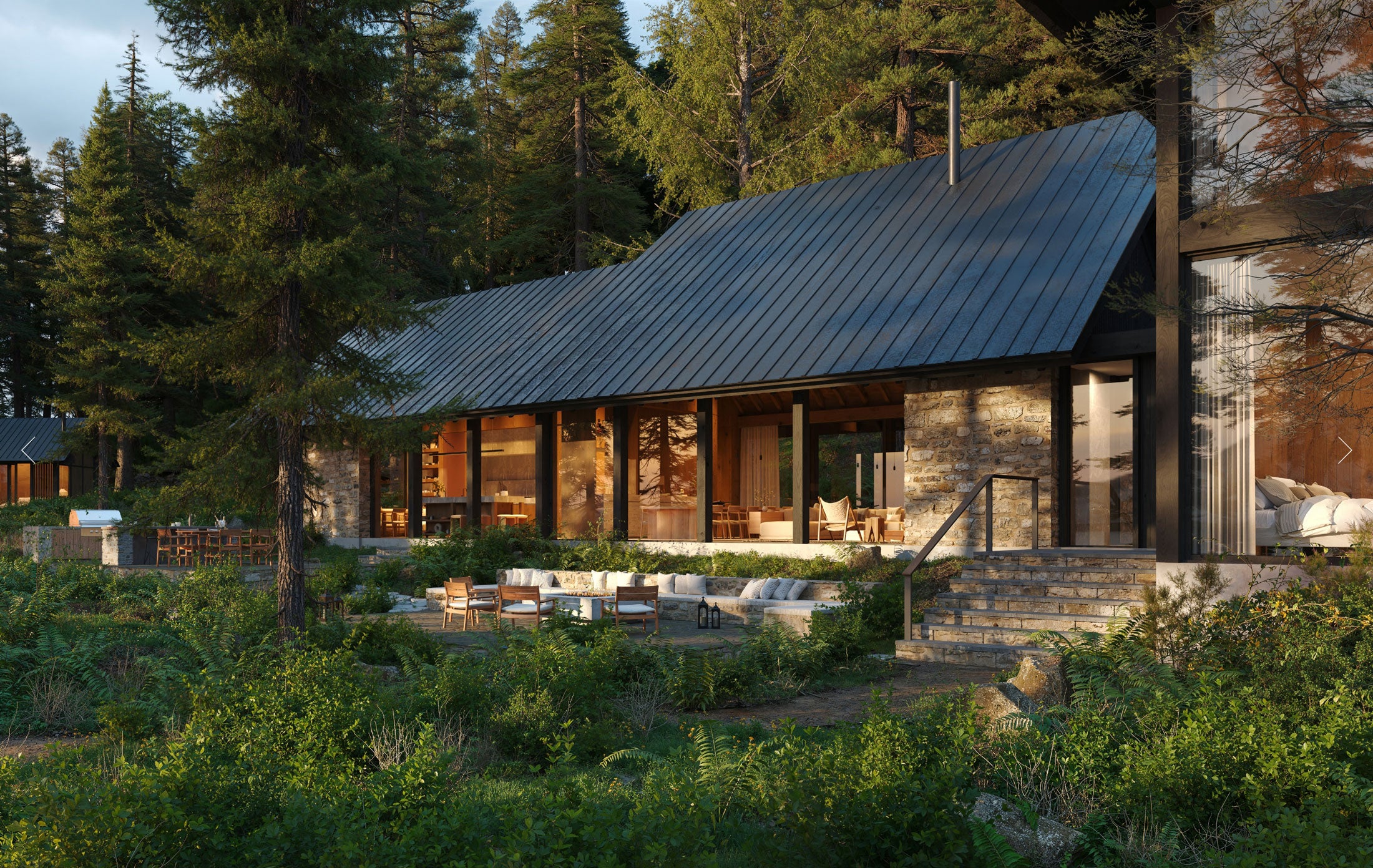 Modern cabin in a forest setting with greenery around