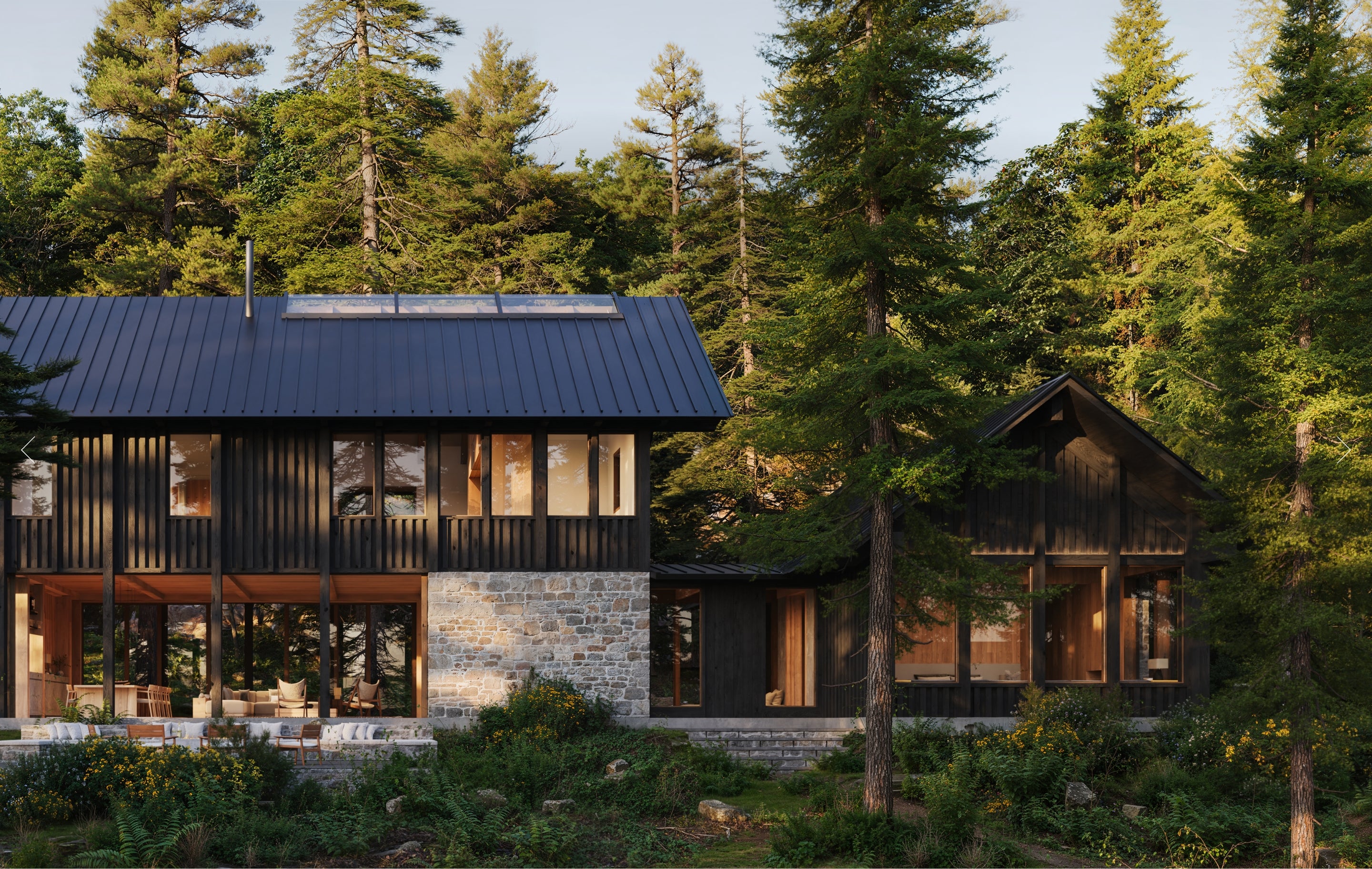 Modern house with a dark roof and wooden exterior nestled among tall trees.