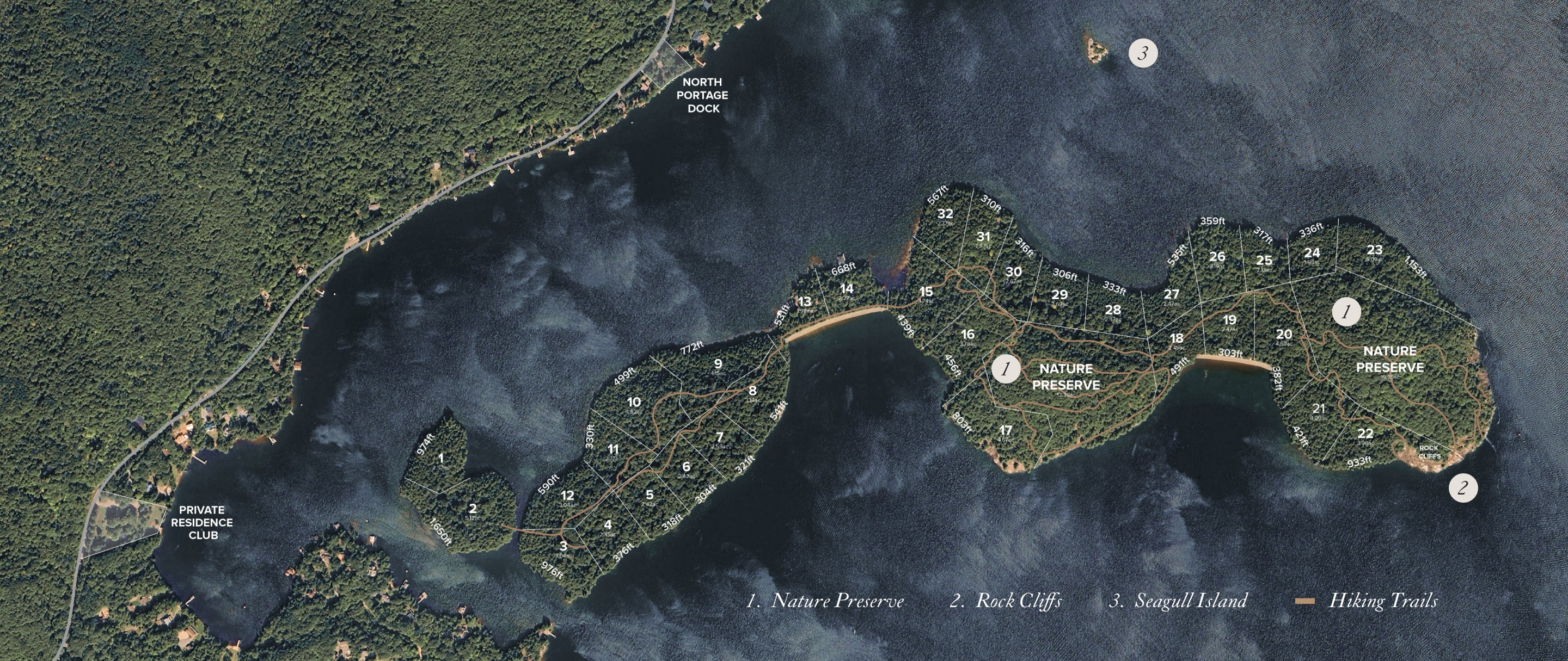 Satellite map of a coastal area with labeled features and trails.