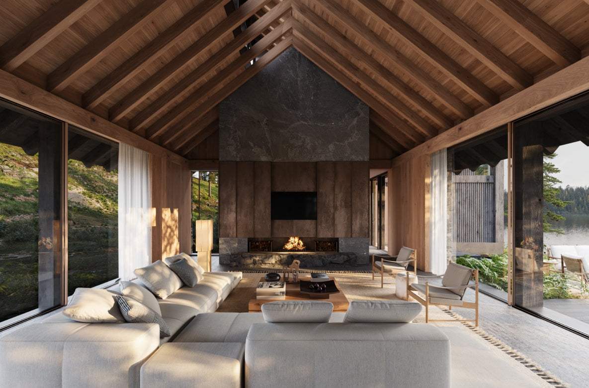 Modern outdoor living space with a fireplace and large windows.