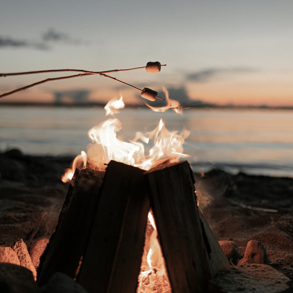Marshmallows being roasted over a campfire by a body of water at sunset.